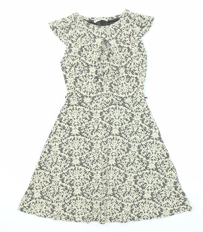 Oasis Womens Beige Geometric Cotton A-Line Size XS Boat Neck Zip - Cap Sleeve