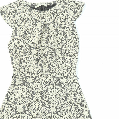 Oasis Womens Beige Geometric Cotton A-Line Size XS Boat Neck Zip - Cap Sleeve