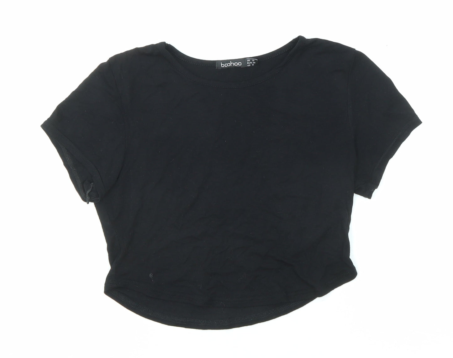 Boohoo Womens Black Polyester Cropped T-Shirt Size 10 Round Neck