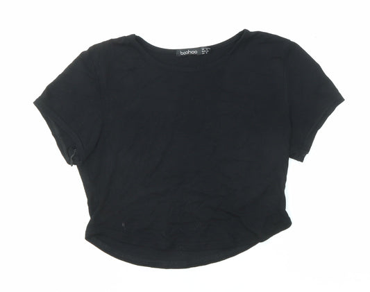 Boohoo Womens Black Polyester Cropped T-Shirt Size 10 Round Neck