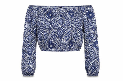 Divided by H&M Womens Blue Geometric Viscose Basic Blouse Size XS Off the Shoulder