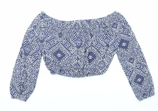 Divided by H&M Womens Blue Geometric Viscose Basic Blouse Size XS Off the Shoulder