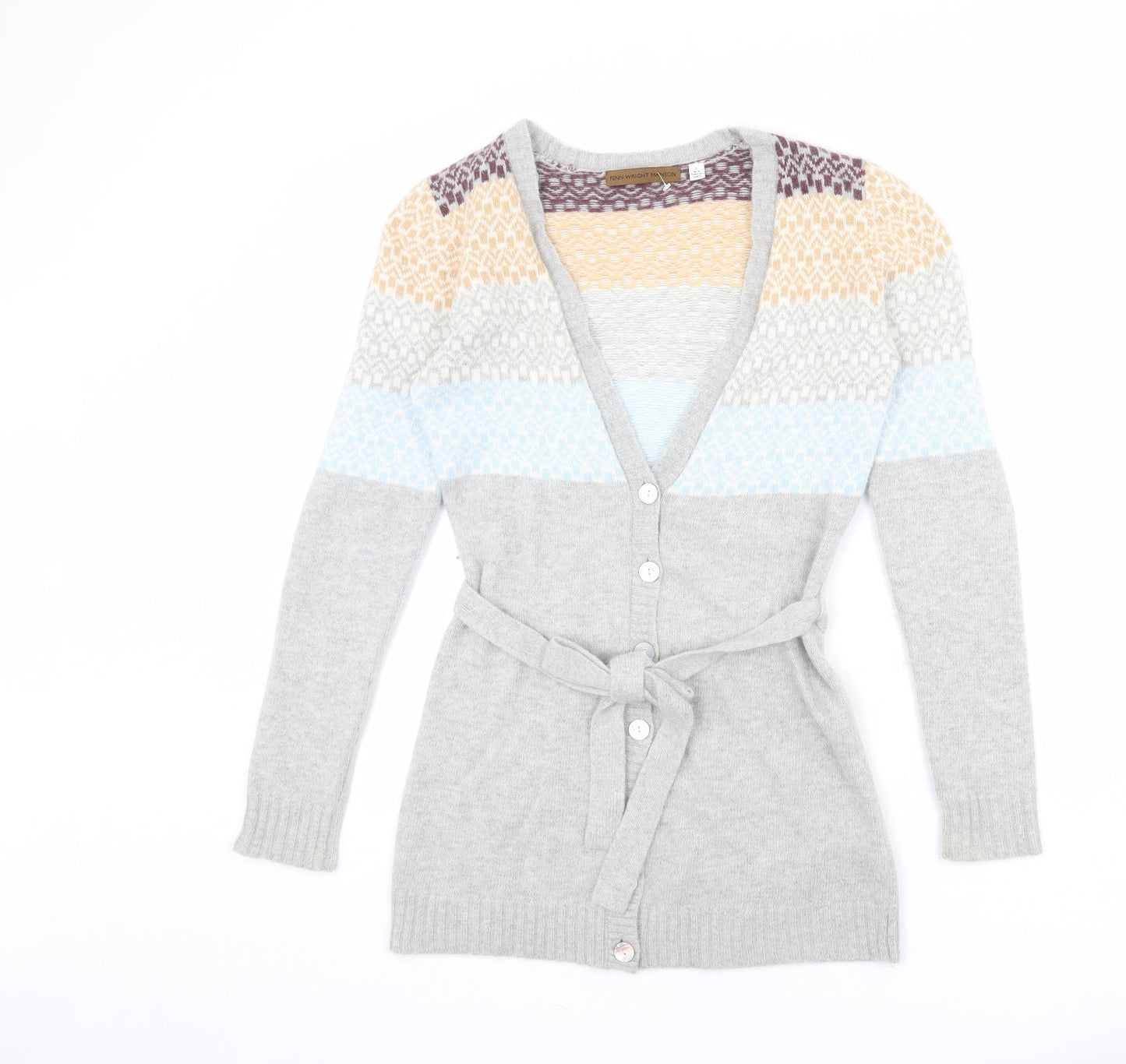 Fenn Wright Manson Womens Grey V-Neck Geometric Nylon Cardigan Jumper Size 10