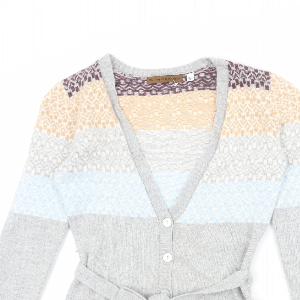 Fenn Wright Manson Womens Grey V-Neck Geometric Nylon Cardigan Jumper Size 10