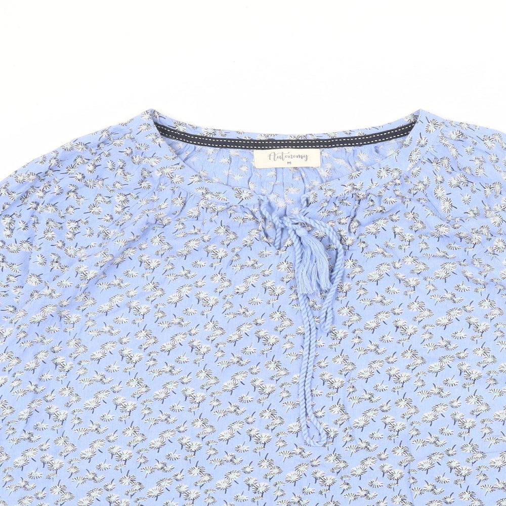 Autonomy Womens Blue Floral Viscose Basic Blouse Size M V-Neck