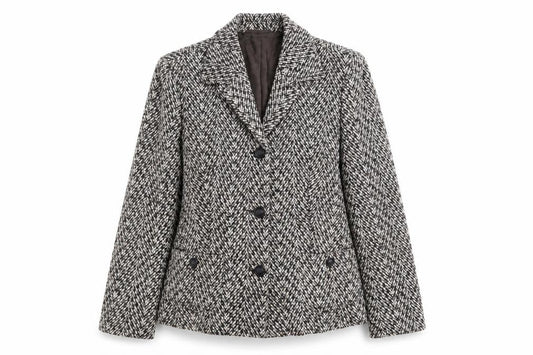 Front view of Oscar B women’s brown geometric wool jacket blazer, size UK 14