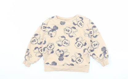 Disney Girls Beige Geometric Cotton Pullover Sweatshirt Size 7 Years Pullover - Minnie Mouse
