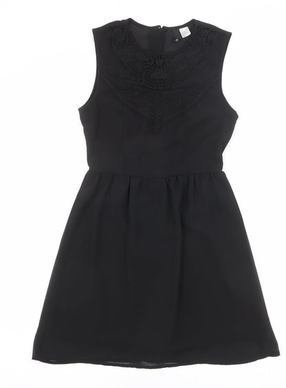 Divided by H&M Womens Black Polyester A-Line Size 8 Round Neck Zip - Crochet Detail