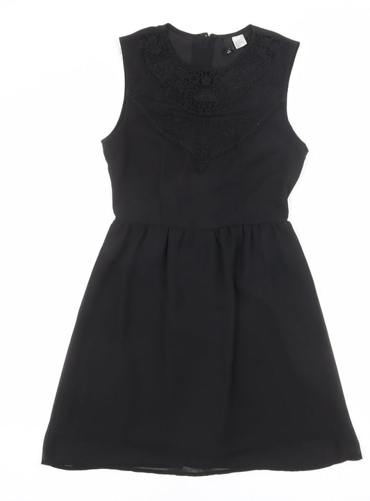 Divided by H&M Womens Black Polyester A-Line Size 8 Round Neck Zip - Crochet Detail