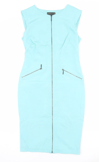 Per Una Womens Blue Acetate Shift Size 8 Round Neck Zip