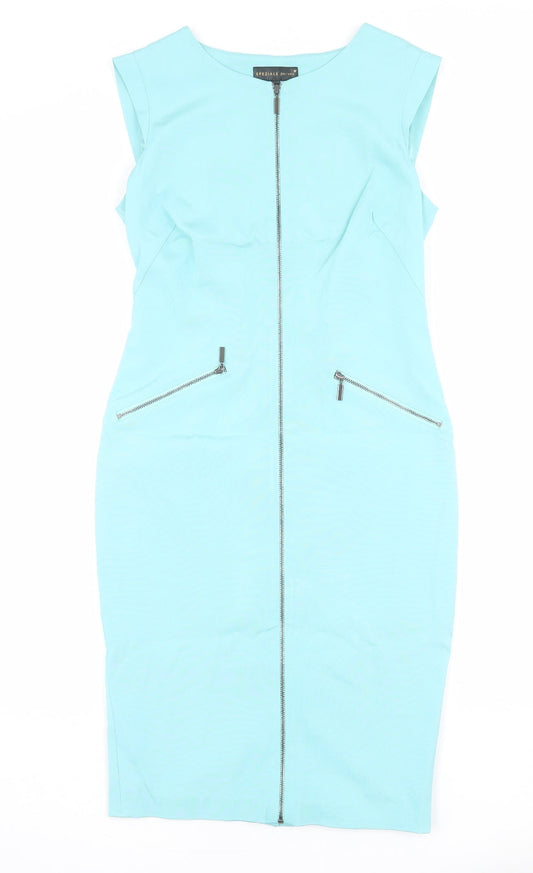 Per Una Womens Blue Acetate Shift Size 8 Round Neck Zip