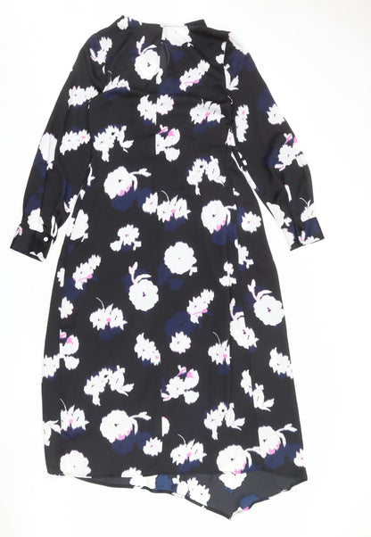 Marks and Spencer Womens Black Floral Polyester A-Line Size 8 V-Neck Zip