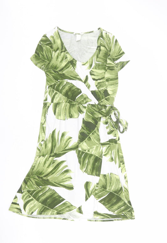 H&M Womens Green Geometric Viscose A-Line Size S V-Neck Pullover - Leaf pattern