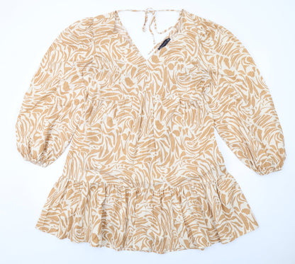 Marks and Spencer Womens Beige Geometric Viscose Skater Dress Size 14 V-Neck Pullover