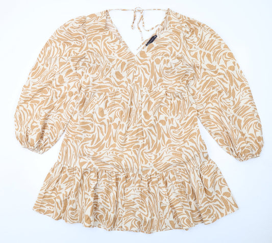 Marks and Spencer Womens Beige Geometric Viscose Skater Dress Size 14 V-Neck Pullover
