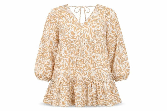 Marks and Spencer Womens Beige Geometric Viscose Skater Dress Size 14 V-Neck Pullover