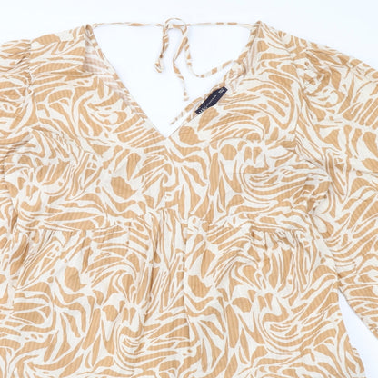 Marks and Spencer Womens Beige Geometric Viscose Skater Dress Size 14 V-Neck Pullover