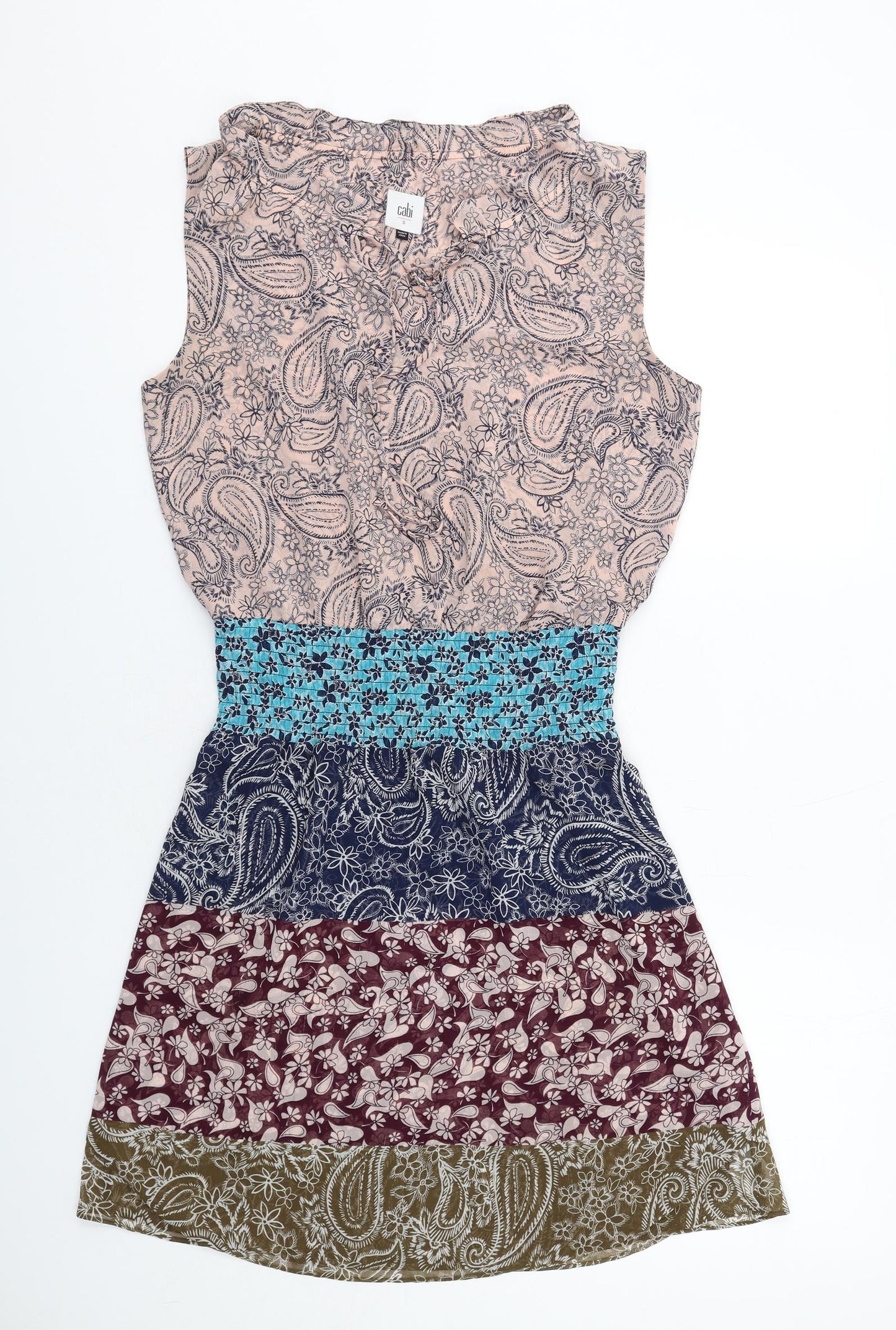 CAbi Womens Multicoloured Paisley Polyester Fit & Flare Size S V-Neck Pullover - Shirred Waist