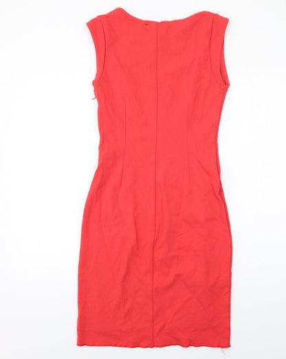Mango Womens Red Viscose Pencil Dress Size S V-Neck Zip