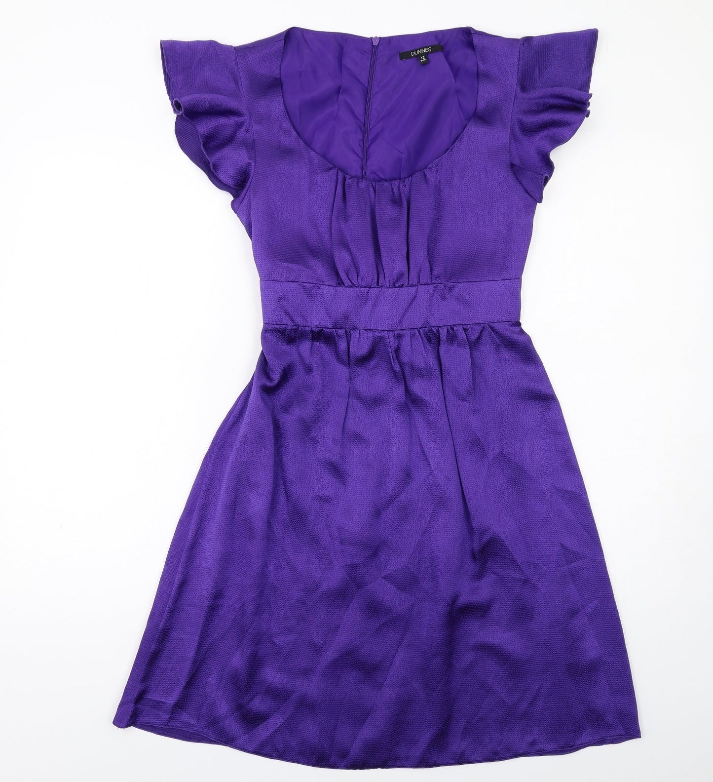 Dunnes Stores Womens Purple Polyester Fit & Flare Size 12 Scoop Neck Zip - Ruffle Sleeve