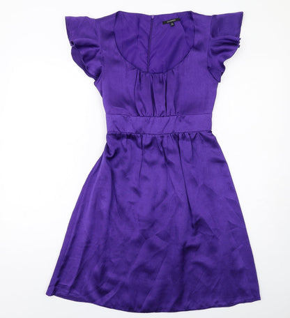 Dunnes Stores Womens Purple Polyester Fit & Flare Size 12 Scoop Neck Zip - Ruffle Sleeve