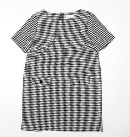 Wallis Womens Black Geometric Polyester Shift Size 14 Boat Neck Zip