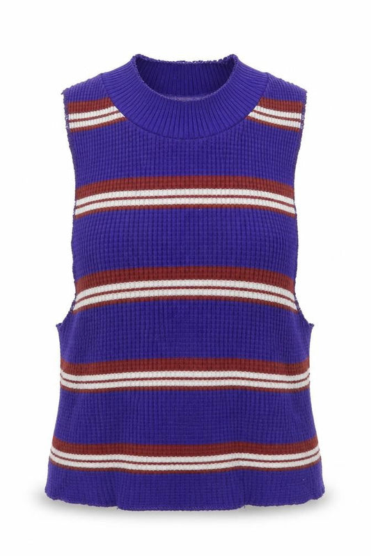 Front view of BDG women’s blue striped cotton basic tank, size XS, mock neck