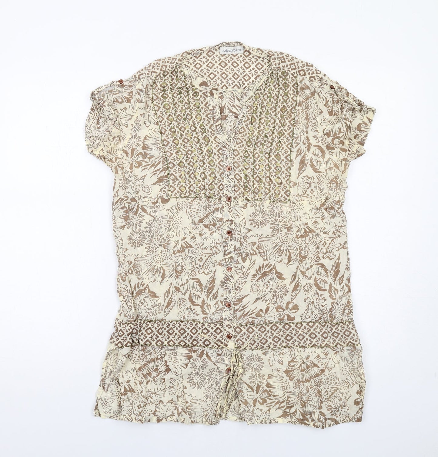 Today's Woman Womens Beige Floral Cotton Basic Button-Up Size 10 V-Neck