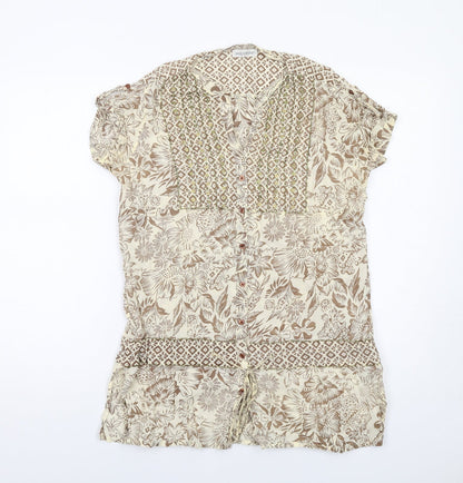 Today's Woman Womens Beige Floral Cotton Basic Button-Up Size 10 V-Neck