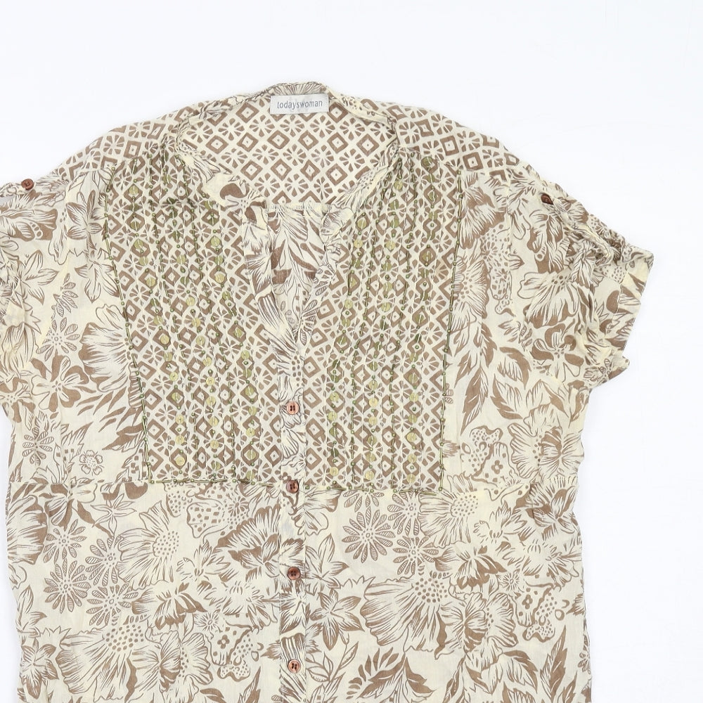 Today's Woman Womens Beige Floral Cotton Basic Button-Up Size 10 V-Neck