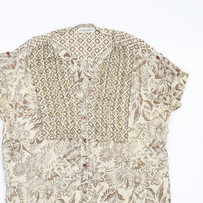 Today's Woman Womens Beige Floral Cotton Basic Button-Up Size 10 V-Neck