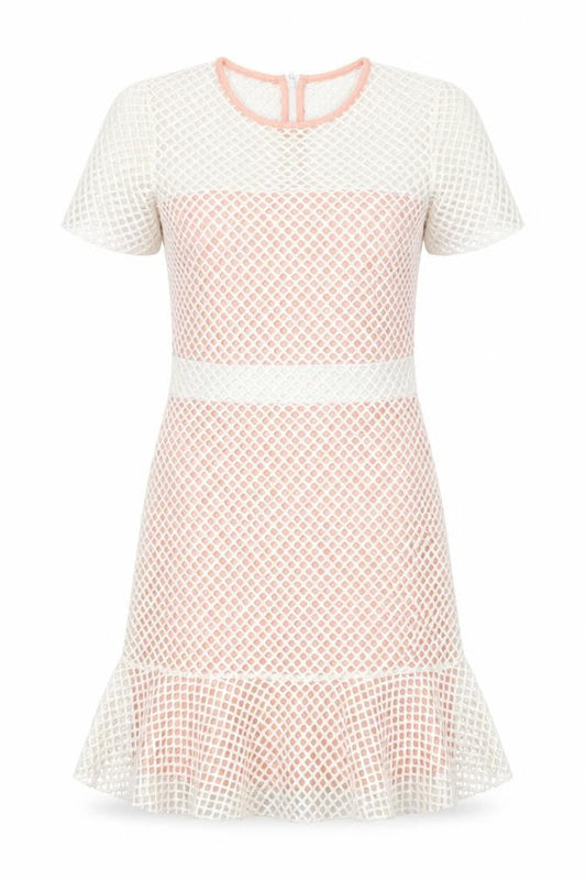 Front view of ASOS women’s pink polyester shift, size UK 8, crew neck zip
