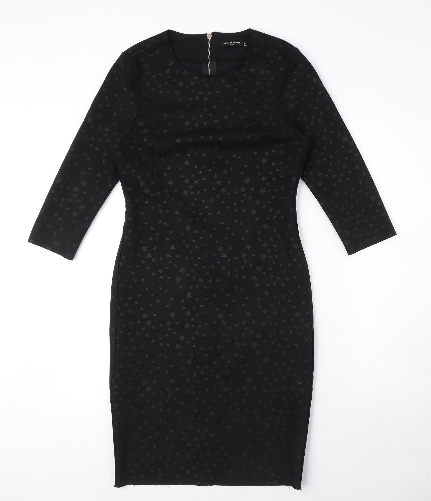 Drole de copine Womens Black Geometric Cotton Blend Pencil Dress Size M Round Neck Zip - Star Print