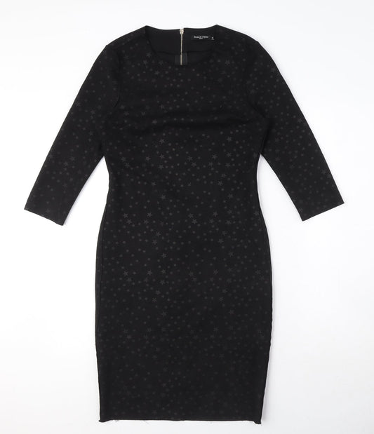 Drole de copine Womens Black Geometric Cotton Blend Pencil Dress Size M Round Neck Zip - Star Print