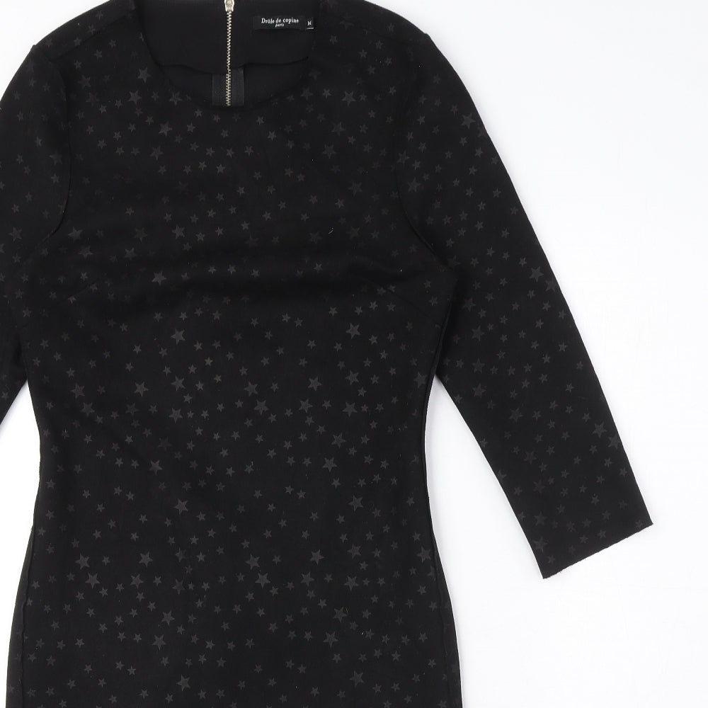 Drole de copine Womens Black Geometric Cotton Blend Pencil Dress Size M Round Neck Zip - Star Print