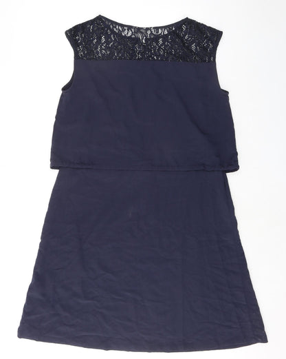 H&M Womens Blue Polyester A-Line Size M Boat Neck Pullover - Lace Detail