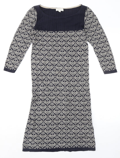 Monsoon Womens Blue Geometric 100% Cotton Sheath Size S Boat Neck Pullover