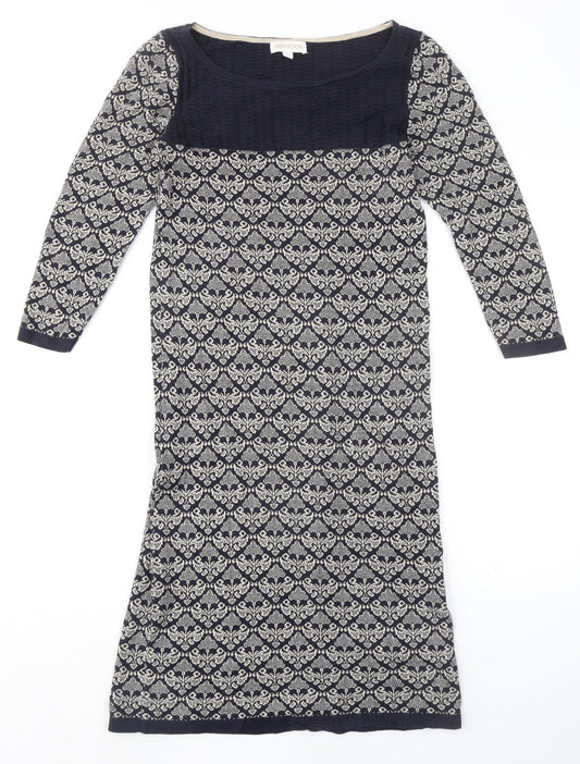 Monsoon Womens Blue Geometric 100% Cotton Sheath Size S Boat Neck Pullover