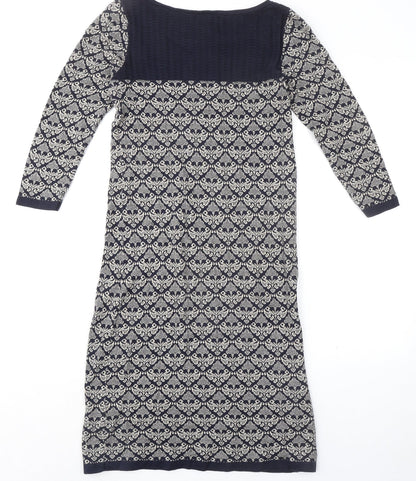 Monsoon Womens Blue Geometric 100% Cotton Sheath Size S Boat Neck Pullover