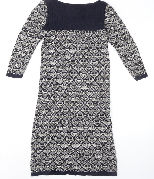 Monsoon Womens Blue Geometric 100% Cotton Sheath Size S Boat Neck Pullover