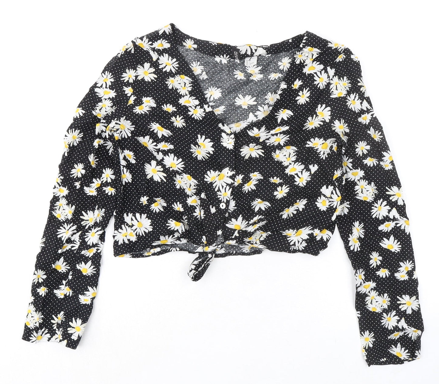 Divided by H&M Womens Black Polka Dot Viscose Cropped Button-Up Size 8 V-Neck - Knot Front