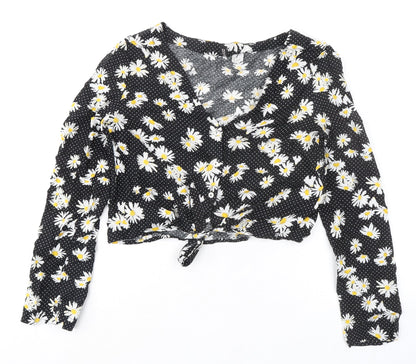 Divided by H&M Womens Black Polka Dot Viscose Cropped Button-Up Size 8 V-Neck - Knot Front