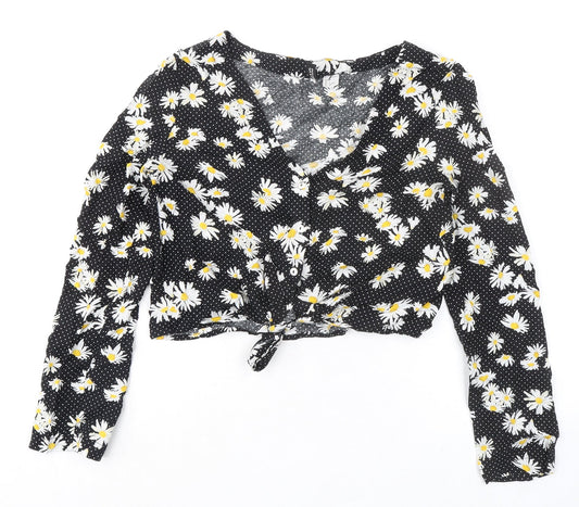 Divided by H&M Womens Black Polka Dot Viscose Cropped Button-Up Size 8 V-Neck - Knot Front