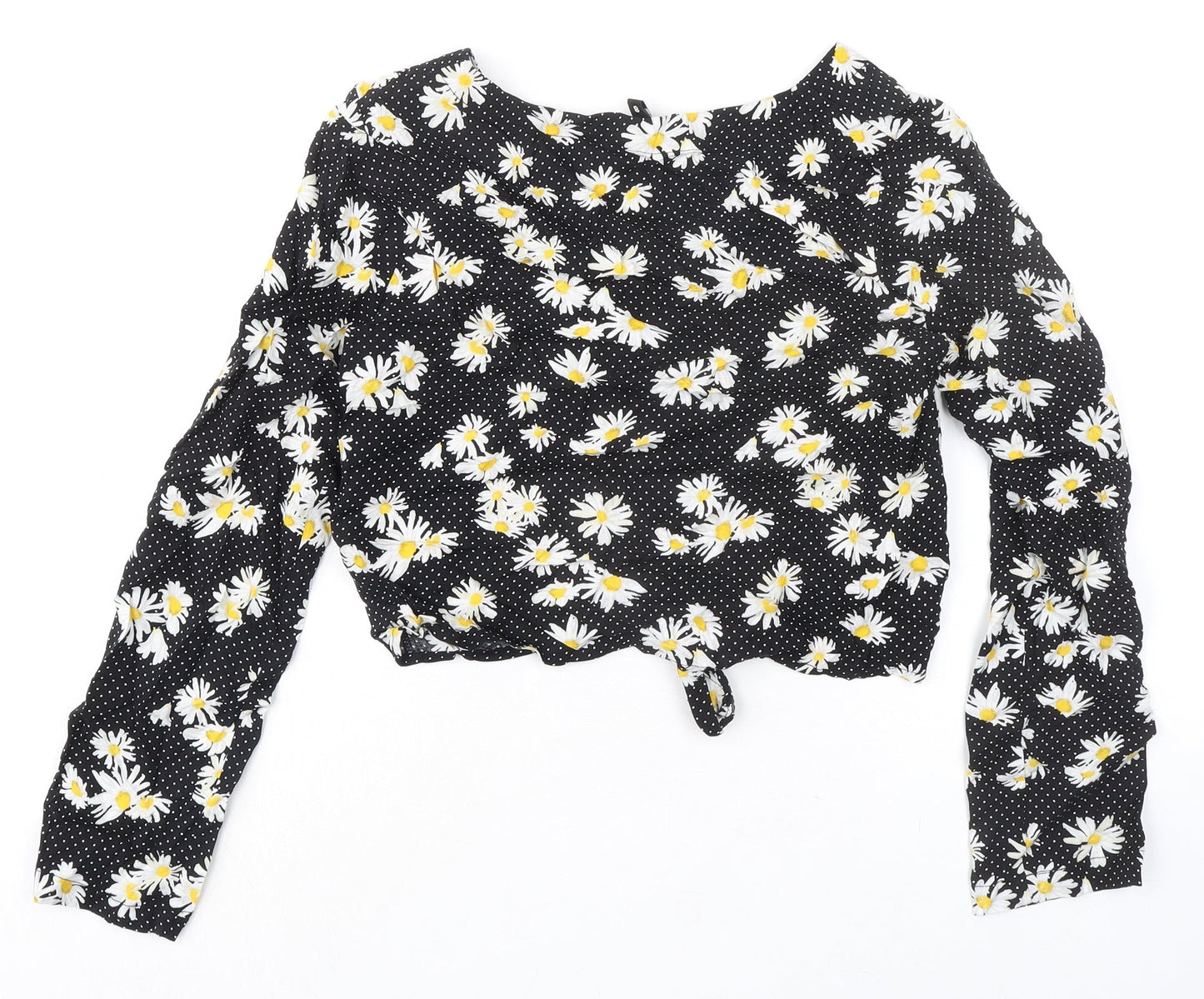 Divided by H&M Womens Black Polka Dot Viscose Cropped Button-Up Size 8 V-Neck - Knot Front