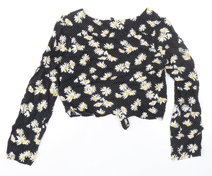 Divided by H&M Womens Black Polka Dot Viscose Cropped Button-Up Size 8 V-Neck - Knot Front