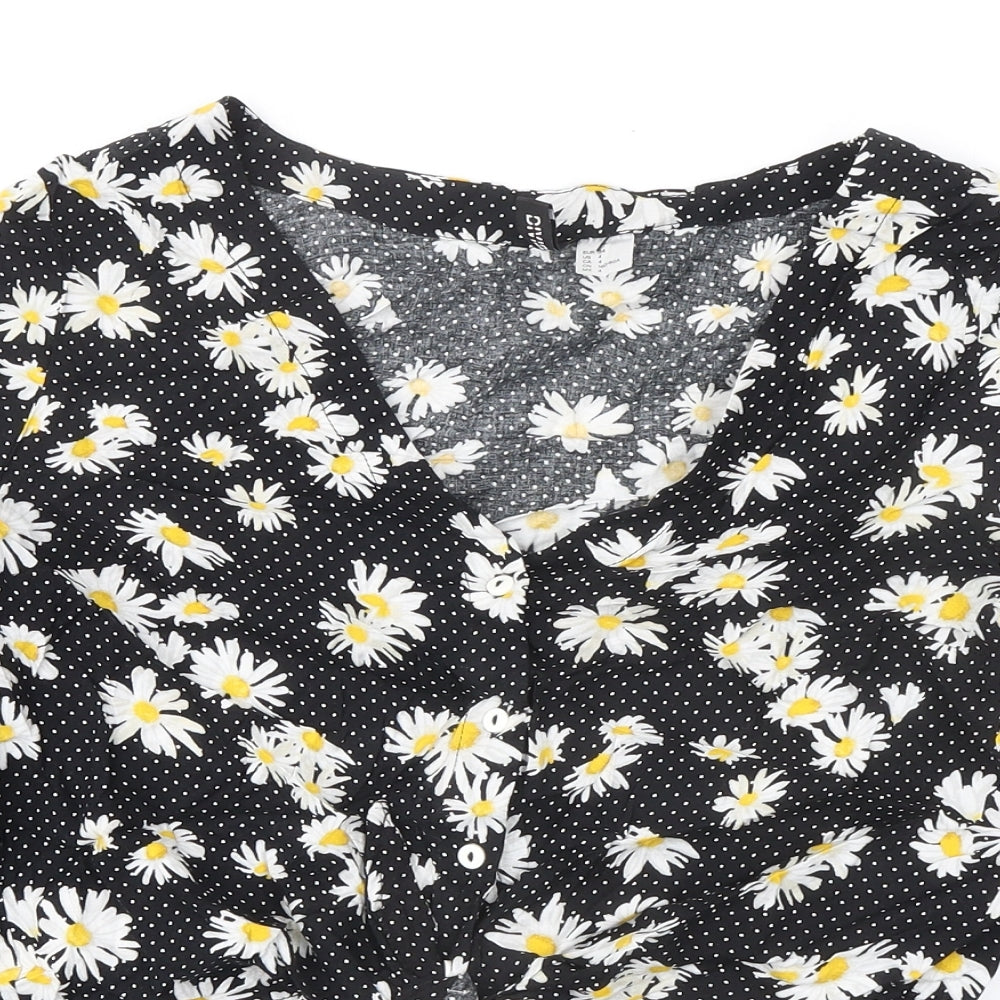 Divided by H&M Womens Black Polka Dot Viscose Cropped Button-Up Size 8 V-Neck - Knot Front