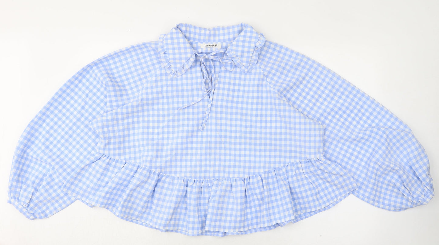 Glamorous Womens Blue Check Polyester Basic Blouse Size 10 Collared