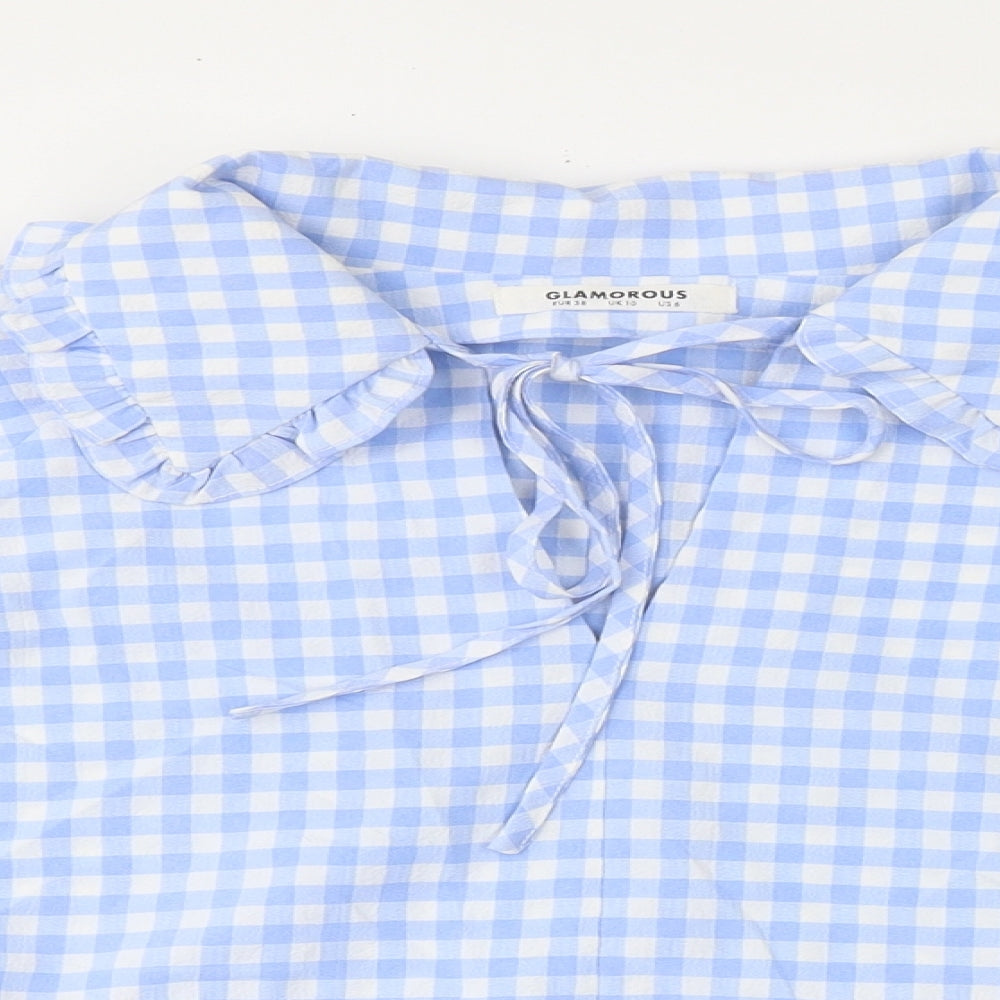 Glamorous Womens Blue Check Polyester Basic Blouse Size 10 Collared