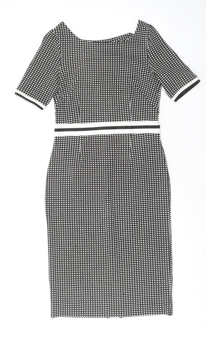 NEXT Womens Black Geometric Polyester Shift Size 8 Round Neck Zip