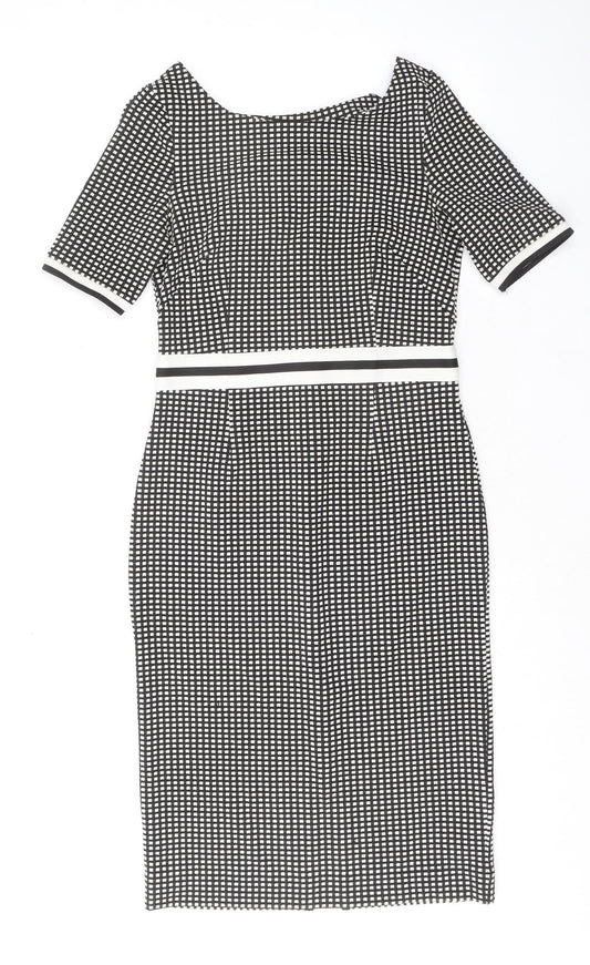 NEXT Womens Black Geometric Polyester Shift Size 8 Round Neck Zip